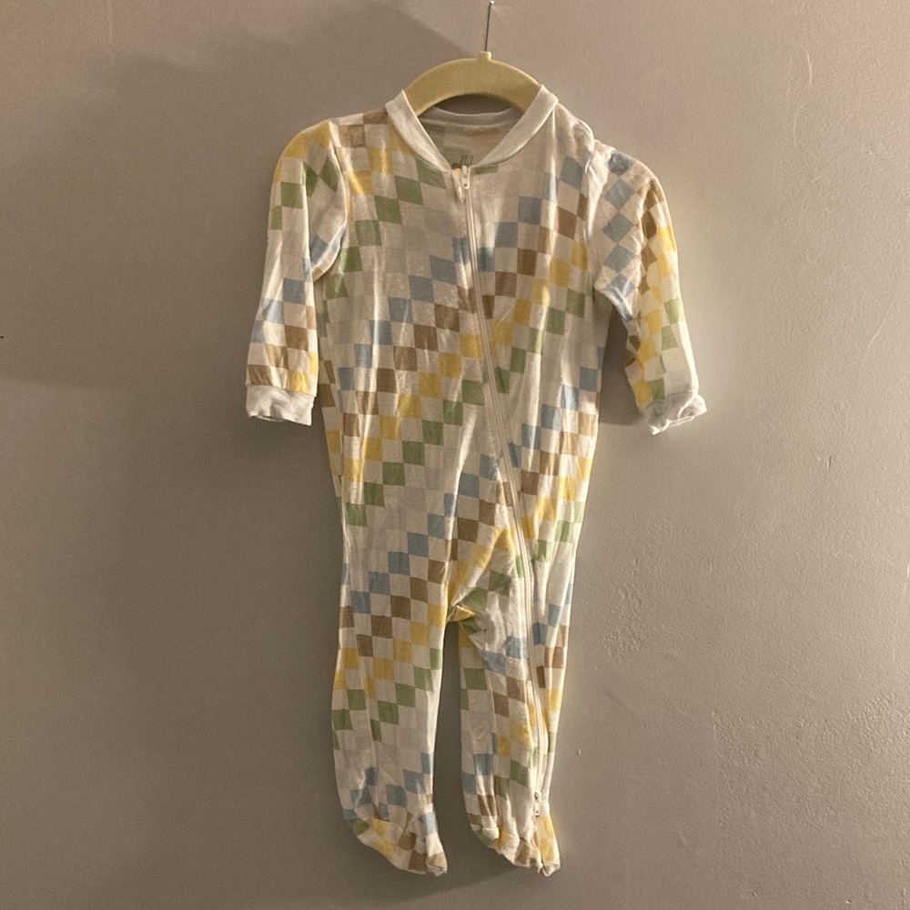 Checkered Kids Footie in Blue, Yellow, and Green